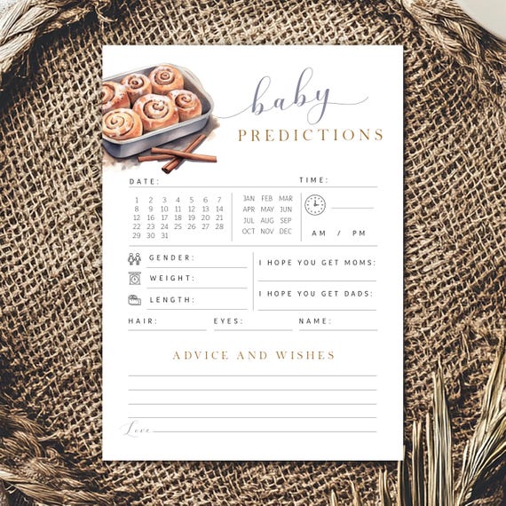 Editable Bun in the Oven Boy Baby Shower Wish Cards - Gender Neutral Baby Watercolor Cinnamon Bun Baking Predictions Shower Card PDF 5x7