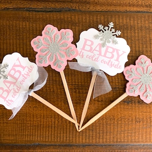 12 Pink Baby It&#39;s Cold Outside Baby Shower Cupcake Toppers - Snowflake Baby Girl Shower - Winter Wonderland Baby Shower Toppers