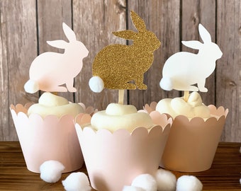 12 Bunny Glitter Birthday cupcake Topper - Blush Pink/Gold Glitter Bunny Cupcake Toppers - Some Bunny is ONE Birthday Party