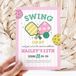 Editable Preppy Pickleball Pink Party Birthday Invitation - Let&#39;s Hit the Court Party Invite - Girl Teen Pickleball Birthday Invite 5x7 PDF