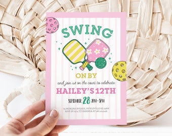 Editable Preppy Pickleball Pink Party Birthday Invitation - Let's Hit the Court Party Invite - Girl Teen Pickleball Birthday Invite 5x7 PDF