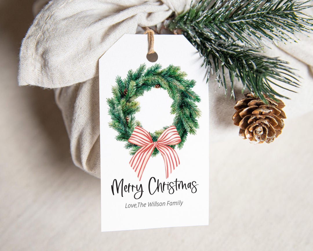 EDITABLE Candy Cane Bow Wreath Classic Christmas Gift Tag - Winter ...
