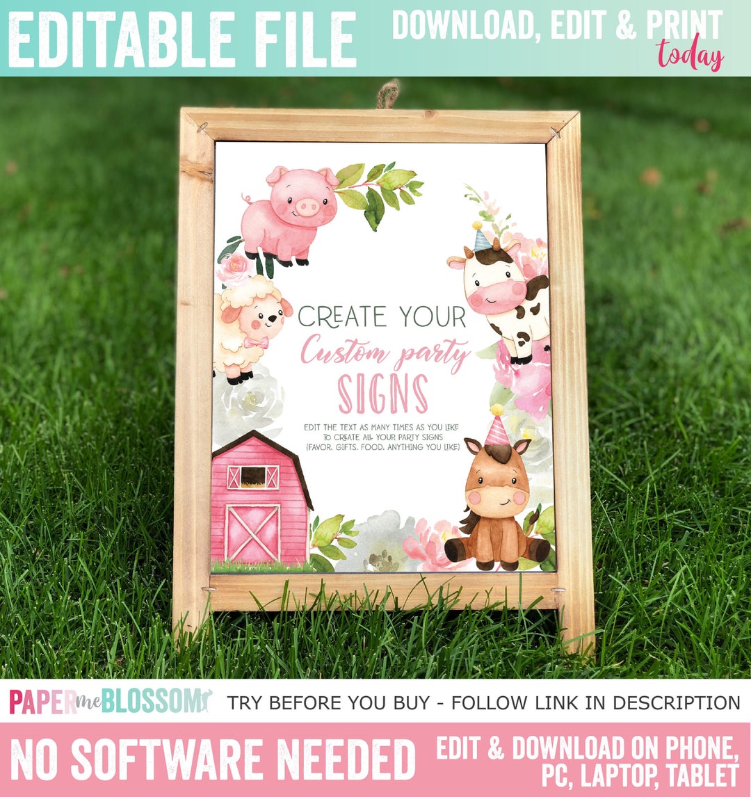EDITABLE Little Farm Girl Barnyard Animal Birthday Custom Sign Etsy