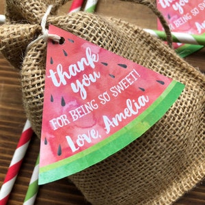 12 Watermelon Thank you for being so sweet Birthday favor tags - One in a Melon First Birthday Favor Tags - Custom Name