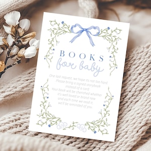 Livres de douche modifiables avec noeud bleu layette pour bébé - livres bébé noeud bleu dépouillé pour bébé - carte de bibliothèque florale bébé PDF - 3,5 x 5