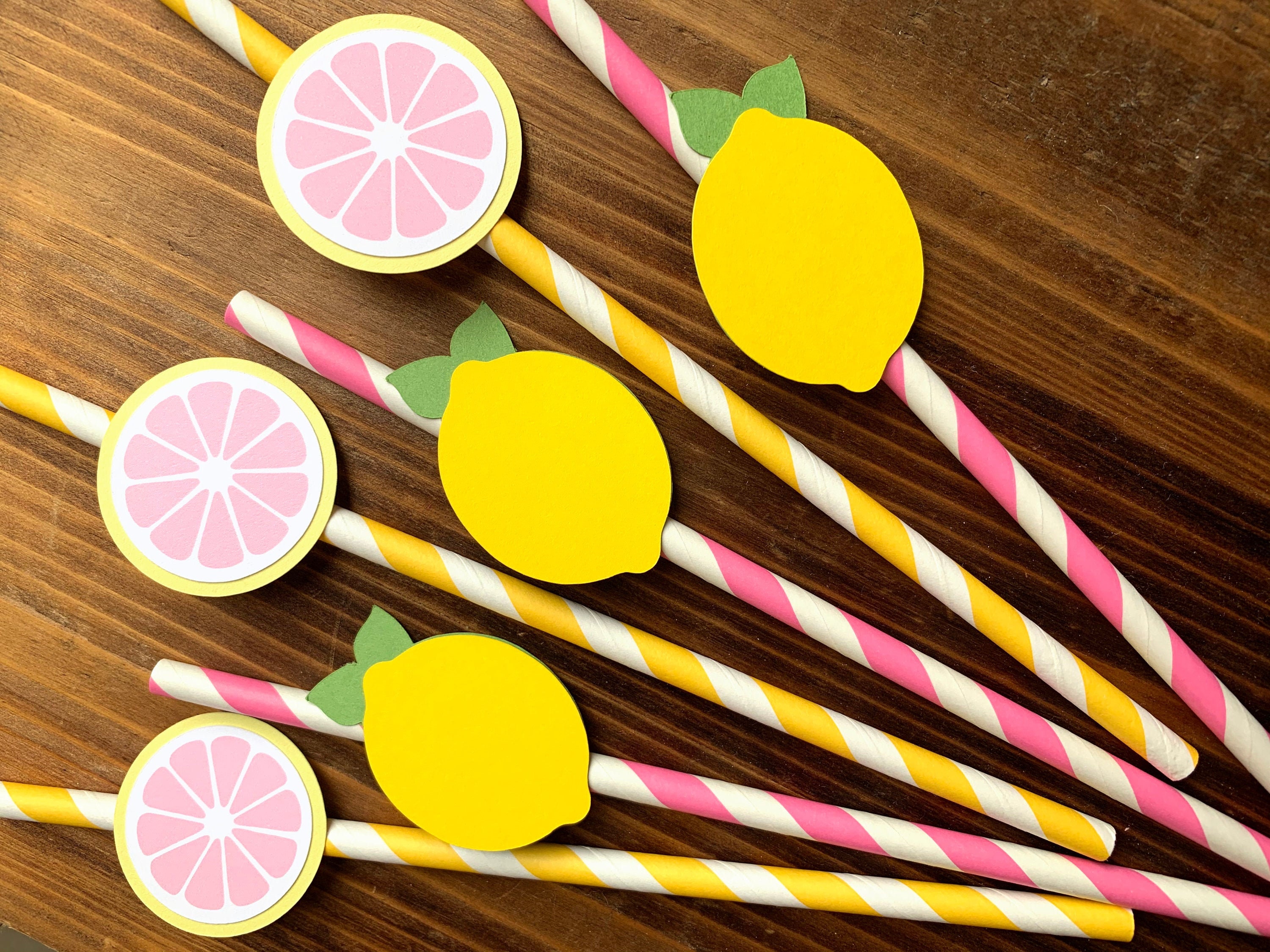 Lemon Biodegradable Paper Straws,Lemon Birthday Party Striped Decorative Straws - Set of 20.