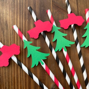 12 Red Farm Truck Christmas Pine tree Birthday Party Paper Drinking Straws - Christmas Birthday Paper Straws - Party Drinking Decoration