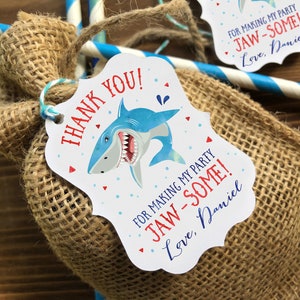 12 Shark Birthday Party Favor thank you tag - Thank You for making my party Jaw-some - Custom wording - Red and blue watercolor shark tag