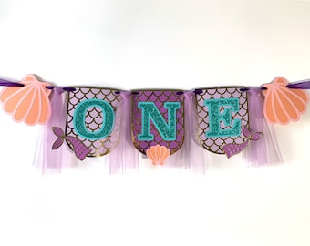 Mermaid ONE High Chair Birthday Banner - Colors Available - Little Mermaid Fish Scale - Shell First Birthday High Chair Banner