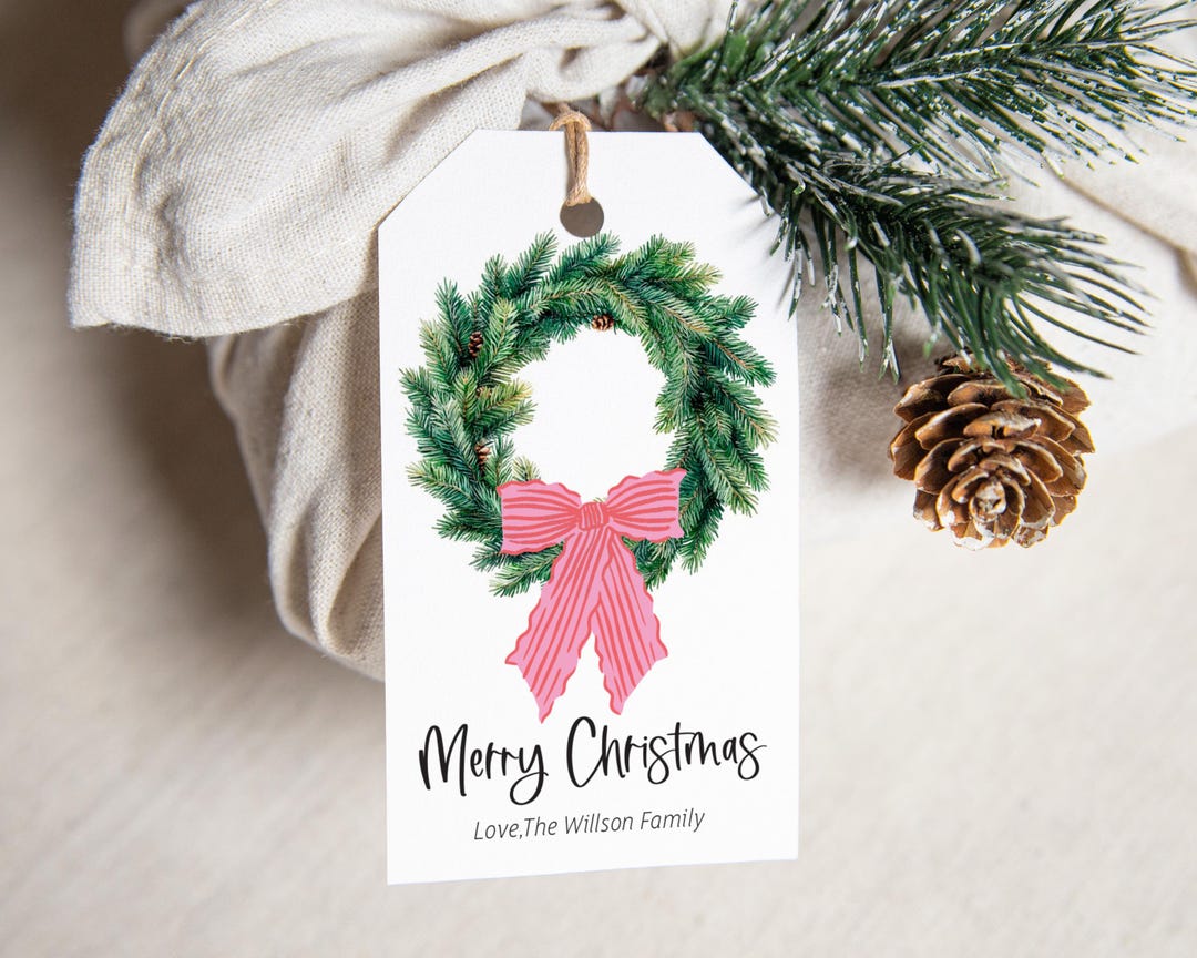 EDITABLE Pink Candy Cane Bow Wreath Classic Christmas Gift Tag - Winter ...