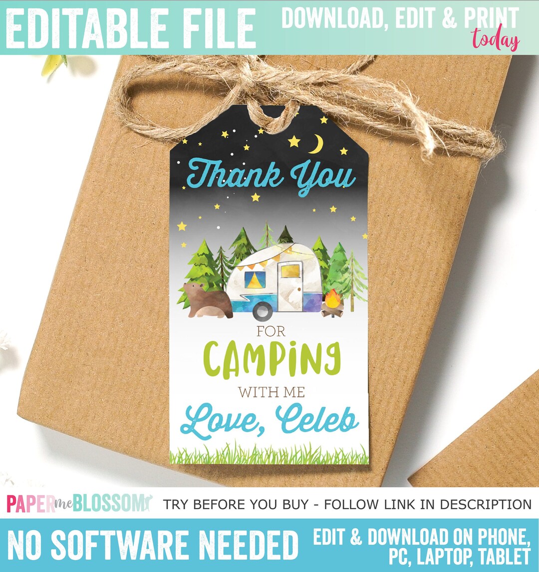 Personalized Rv Tags EDITABLE One Happy Camper Favor Thank You Gift Tag - Customizable Blue ...