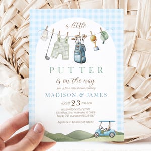 Editable A Little Putter is on the Way Baby Shower Invitation - Let&#39;s Par-tee Boy Baby Shower Blue Gingham Invitation 5x7 PDF