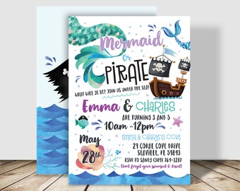 May include: A colorful invitation for a mermaid or pirate themed birthday party for Emma and Charles. The invitation features a mermaid tail, a pirate ship, and the text "What will ye be? Join us under the sea!"  Emma and Charles are turning 3 and 5. The party is on May 28th from 10am to 12pm at Emma and Charles' Cove, 29 Coral Cove Drive, Seaville, FL 59843. RSVP to Sandy at (309) 764-1287. Don't forget your swimsuit and towel!