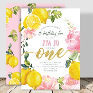 May include: A lemon-themed first birthday party invitation with pink and yellow watercolor flowers, lemons, and greenery. The text reads "Sunshine Lemonade & birthday fun, Our Little Ava Jo is turning one, Saturday October 21st from 2pm to 4pm, 789 Citrus Ave, Lemonville, CA, RSVP to Amelia at (123)456 7891".
