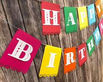 Fiesta Mexican Spanish Style Happy Birthday Banner - Rainbow Happy Birthday Banner - Custom wording available