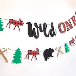 Lumberjack Wild One First Birthday Banner - Buffalo Plaid - Bear - Axe - Moose - Tree - Wild ONE Birthday Garland