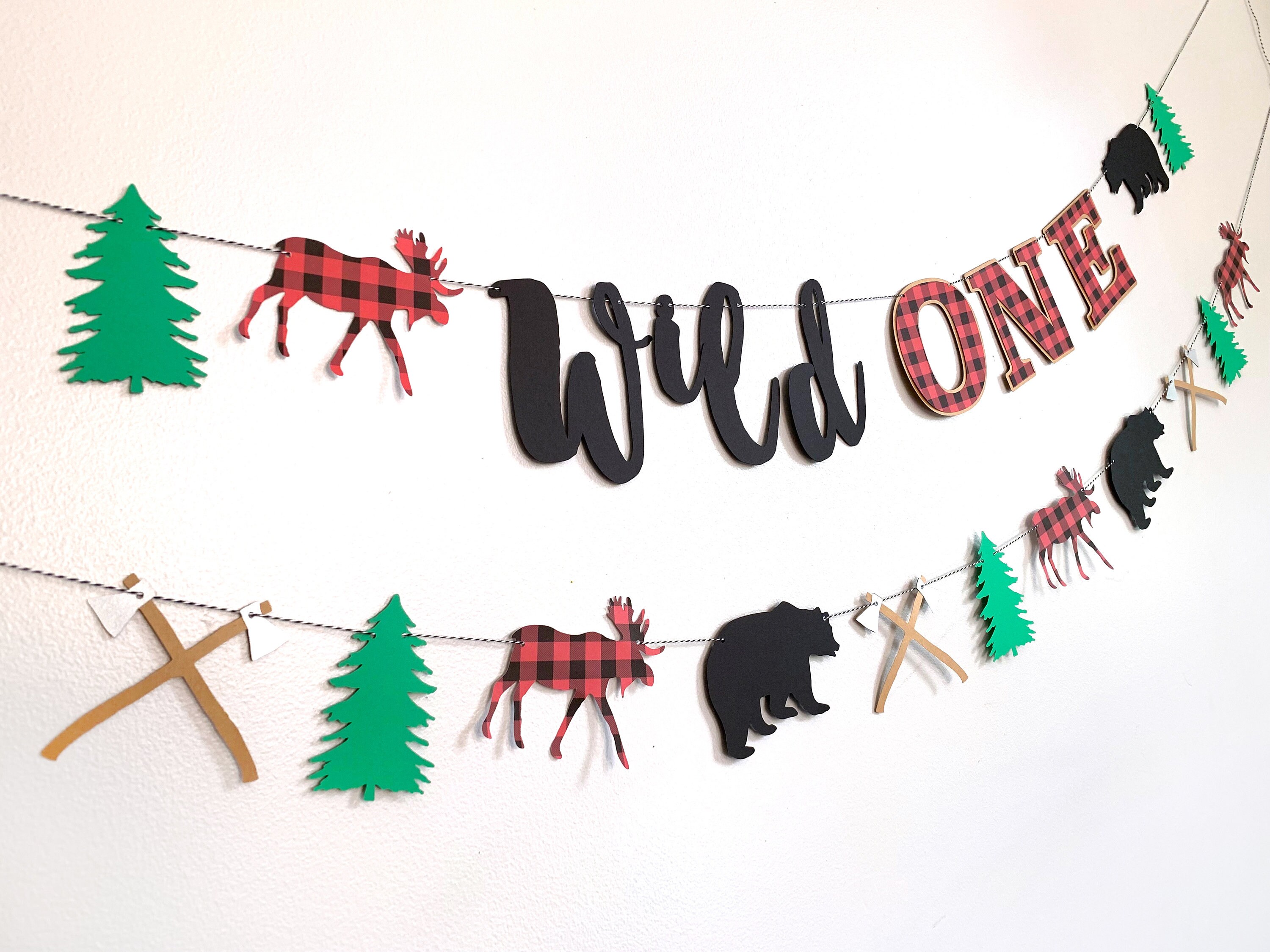 Lumberjack Wild One First Birthday Banner Buffalo Plaid Bear Axe Moose Tree Wild ONE Birthday Garland
