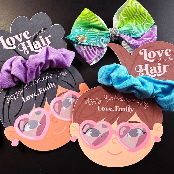 EDITABLE Love is in the Hair Valentines Day Kids Gift Tag -  Valentines Scrunchie Classroom Exchange - Hair Tie Valentines Friends Gift Tag