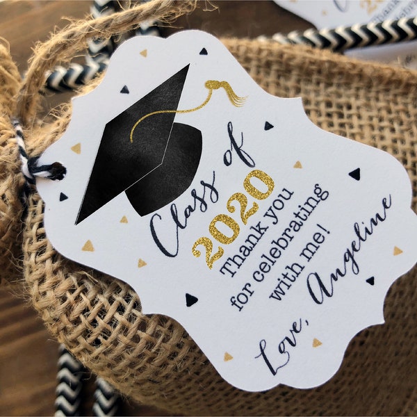 12 Graduation Favor tags - Graduation Thank you favor tags - Class of (your year) - Custom wording - Black and Gold Graduation thank you tag