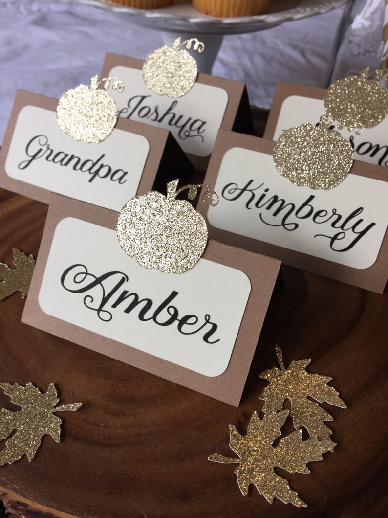 6 Thanksgiving Day Dinner tented Place Cards / Food Labels Glitter Pumpkin Escort cards image 1