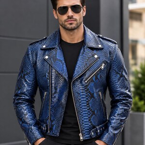 Men's Blue Python Leather Biker Jacket | Luxury Snakeskin Style Moto Jacket