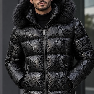 Men's Black Python Snakeskin Leather Puffer Jacket Faux Fur Collar and Hood