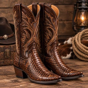 Botas vaqueras de piel de pitón marrón para hombre, estilo western.