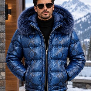 Men’s Blue Python Leather Puffer Jacket with Faux Fur Hood | Luxury Quilted Winter Jacket
