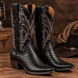 Kowbojskie buty ze skóry tłoczonej na wzór krokodyla, męskie buty w stylu western