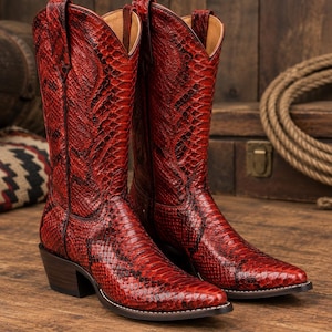 Red Python Embossed Leather Cowboy Boots | Western Snakeskin Boots