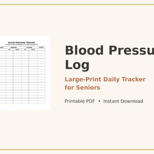 以下が含まれることがあります： Blood Pressure Trackerというタイトルの白い書類。日付、朝と晩の血圧と脈拍の測定値、メモ用の列があります。Blood Pressure LogおよびLarge-Print Daily Tracker for Seniorsというテキストが暗い色で表示されています。