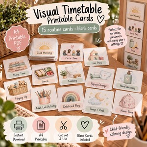 May include: A set of square visual timetable cards featuring watercolor illustrations and text labels for daily routines like Good Morning, Story Time, Lunch, Toileting, Nappy Change, Hand Washing, Tidying Up, Adult-Led Activity, Child-Led Play, Sleep, and Home Time.