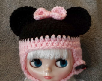 Minnie Mouse Ears Crochet Hat for Blythe Doll Polymer clay Button