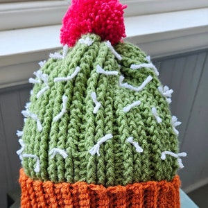 May include: A green and orange crocheted cactus hat with a pink pom-pom on top. The hat is on a purple stand.