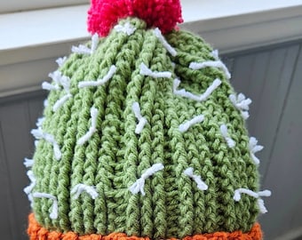 May include: A green and orange crocheted cactus hat with a pink pom-pom on top. The hat is on a purple stand.