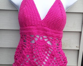 Boho Festival Top Halter Top Flow Top Pineapple Lace Crochet  Fuschia Pink Hot Pink B - C cup Size S - M
