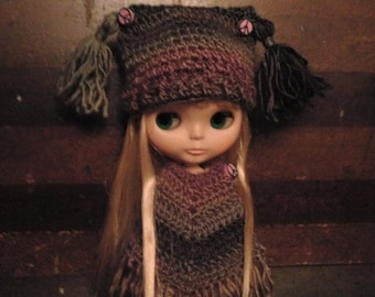 Echo Colorway Crochet Hat and Fringed Poncho set  for Blythe Doll buy one or both