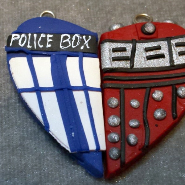 TARDIS and DALEK Doctor Who Tribute   Friendship  Best Friends Heart Pendant.  Kawaii Besties Necklace Book Mark Key Ring Polymer Clay