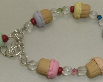 Child Kids Bracelet CUPCAKES Swarovski Crystal Pastel Rainbow