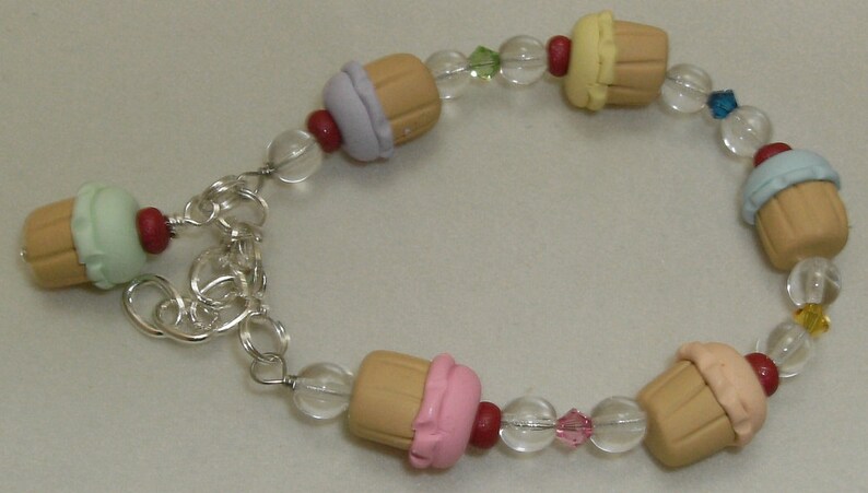 Child Kids Bracelet CUPCAKES Swarovski Crystal Pastel Rainbow image 1