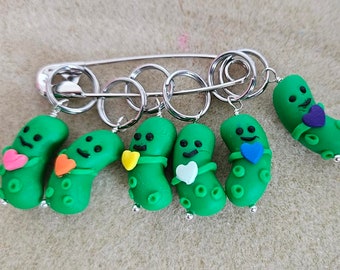 Stitch Markers Pickles for Knit or Crochet set of 6  Polymer Clay Lobster Clasp Large Ring 12mm Needles Dill Pickle spears Cucumber