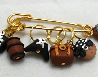 Stitch Markers ARGH MATEY  for Knit or Crochet set of 6 Pirate Treasure Rum Jolly Roger