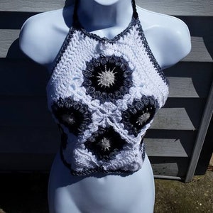 Boho Festival Top Halter Top Flow Top Halter  High Neckline Black White Gray crop top  B - C cup Size S - M