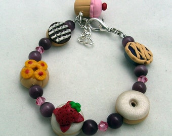 PASTRY SHOP Child Bracelet  Polymer Clay Swarovski Crystals Donut Boston Cream Blueberry Pie