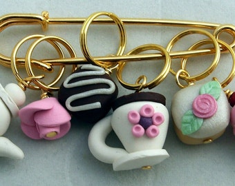 Stitch Markers TEA for TWO  for Knit or Crochet set of 6 Pot petit four