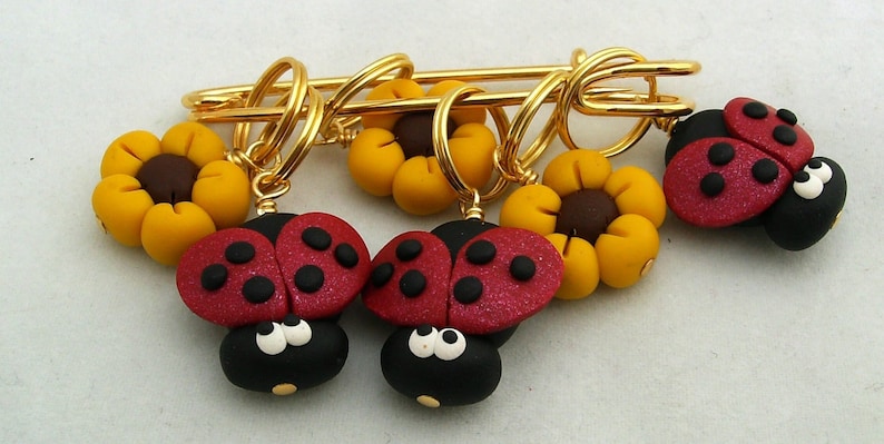 Stitch Markers LADYBUG and SUNFLOWER for Knit or Crochet set of 6