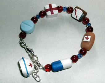 NURSES Heal The HEART Adult Bracelet  Polymer Clay Swarovski Crystals Pill for dreammer05