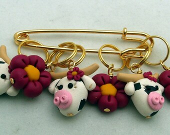 Stitch Markers DAISY COW for Knit or Crochet set of 6