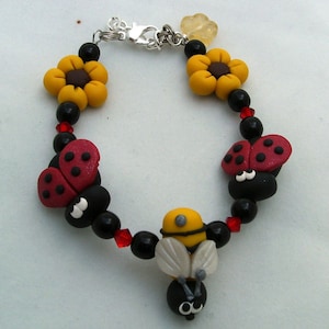 Child Bracelet BUG and BEE Swarovski Crystal Ladybug bumble bee sunflower