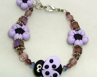 PURPLE LADYBUG Child Bracelet  Polymer Clay Swarovski Crystals